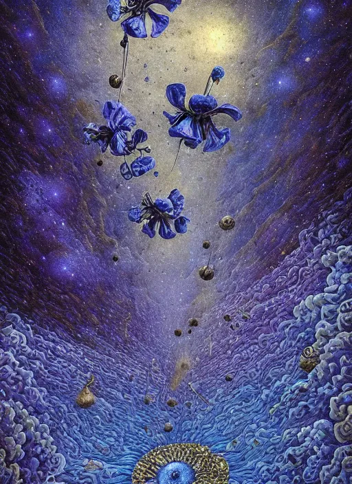 Image similar to detailed, intricate blue black and purple papaverum flower on the field, nebula, galaxy in the sky, winning award masterpiece, fantastically beautiful, illustration, aestheticly inspired, jacek yerka, upscale with anguissola sofonisba work, artstation, 8 k