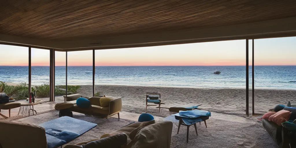 Image similar to a mid-century house on a beach at sunset with view of the ocean, mid-century modern furniture, sunset magazine, dwell magazine style, highly detailed, photorealistic, octane 8k 35mm lens, award photography, architectural photography