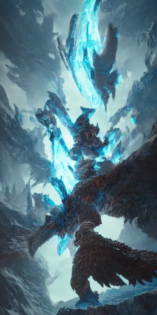 Image similar to Frost Giant, Monster Hunter Illustrations art book, Moebius, Greg Rutkowski, Zabrocki, Karlkka, Jayison Devadas, Phuoc Quan, trending on Artstation, 8K, ultra wide angle, zenith view, pincushion lens effect.