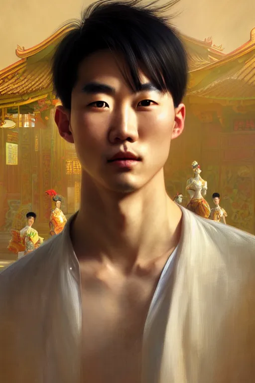 Prompt: clear portrait of a chinese attractive men, cottagecore!!, background hyper detailed, character concept, full body, dynamic pose, glowing lights!! intricate, elegant, highly detailed, digital painting, artstation, concept art, smooth, sharp focus, illustration, art by artgerm and greg rutkowski and alphonse mucha