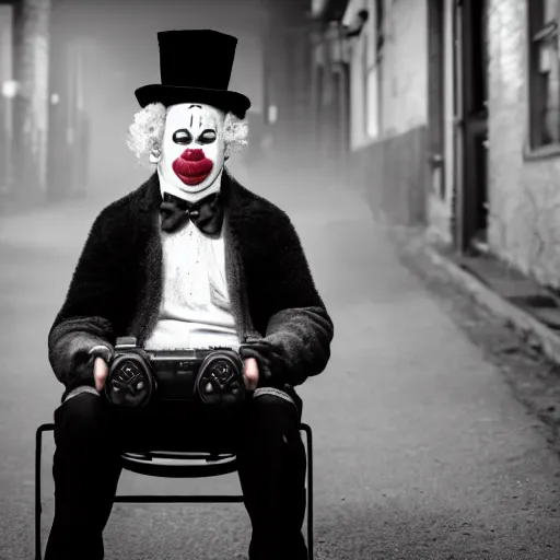 Image similar to an old black & white 5 0 mm close up portrait of a man dressed up as a clown holding a playstation controller while seated in a chair, in a dark foggy alley