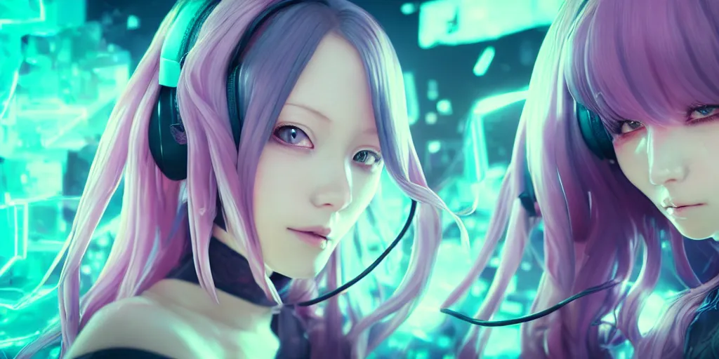 Image similar to beautiful portrait of a woman with pastel long hair floating in the air with her eyes closed facing the camera centered with studio headphones on in the style of a code vein character, momo from twice in code vein in the style of WLOP, artgerm, yasutomo oka, rendered in unreal engine and redshift octane , background is surrounded by epic neon glitch effect digital art dynamic dramatic lighting, soft lighting, imagine fx, artstation, cgsociety, by Bandai Namco artist,