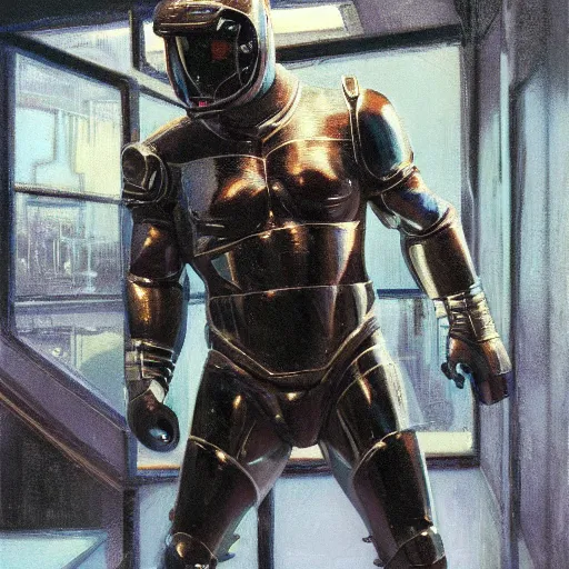 Image similar to sylvester stallone in metal tiger armor, tech noir, wet reflections, prism, atmospheric, ambient, pj crook, syd mead, livia prima, greg rutkowski, edward hopper