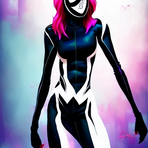 Prompt: gorgeous female Emma Stone as Spider-Gwen as venom, realistic character concept, medium shot, evil pose, comic book, illustration, slender symmetrical body, artstation, cinematic lighting, hyperdetailed, Tom Bagshaw, Joshua Middleton, Rafeal Albuquerque comic, single face, insanely detailed and intricate, dark and smokey background