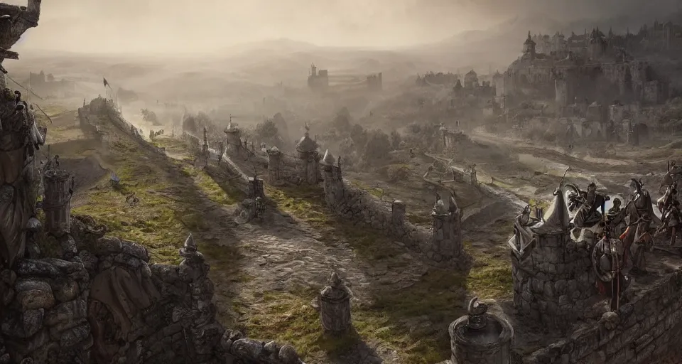 Image similar to ten medieval soldiers atop a castle wall looking over a vast medieval kingdom rule by an evil king. it is a quiet morning. mist, epic, cinematic, volumetric lighting, fantasy style, highly - detailed, unreal 5, realism