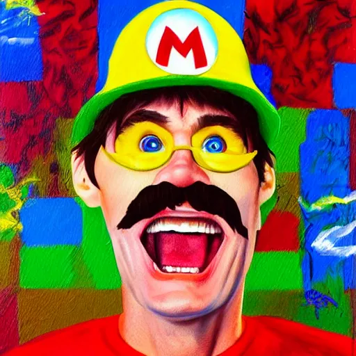 Image similar to painted portrait of jim carrey as super mario, highly detailed, colourful, brushstrokes, highly detailed