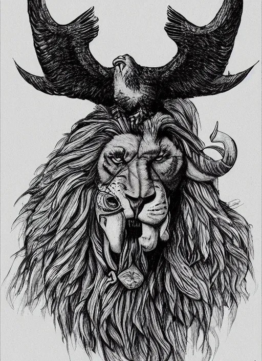 Image similar to a mighty strong creature with the body and eyes of a man, with the beak of an eagle, the mane of a lion and the horns of an ox. drawn by boris val