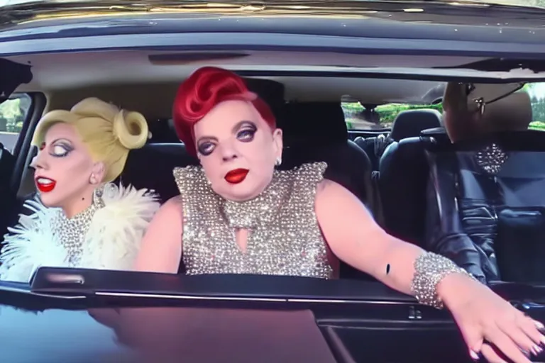 Image similar to lady gaga and judy garland doing carpool karaoke, lady gaga and judy garland, carpool karaoke, lady gaga, judy garland, carpool karaoke, youtube video screenshot, the late late show with james corden