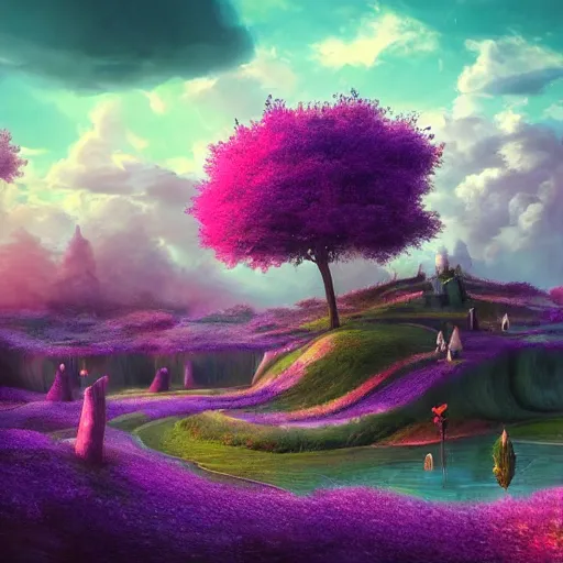 Prompt: landscape of an alice and wonderland themed landscape, purple clouds look the sky, dynamic lighting, fantasy concept art, trending on art station, stunning visuals, creative, cinematic, ultra detailed