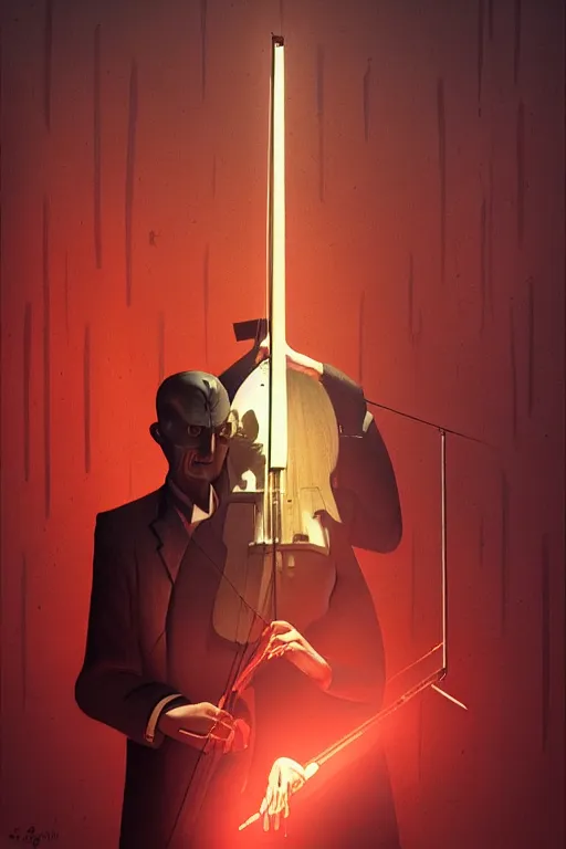 Prompt: an expressive portrait of agent 4 7 playing the violin in a monastery, dark background, red rim light, digital art, artstation, concept art by giger stalenhag