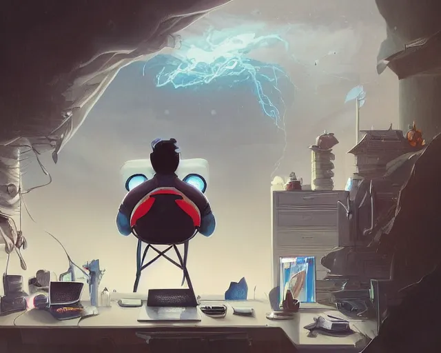 Image similar to an insanely detailed painting of a nerdy asian man wearing a superhero costume, sitting at a desk, staring at the nervously at the computer and typing, in the style of peter mohrbacher, dramatic lighting and composition, octane render, pixar, trending on artstation, concept art, comic book, view from behind