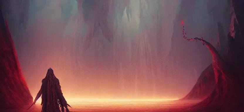 Image similar to sacred dead man, dark epic, red sea, magic sword, magic light, ghosts, acanthus scroll, ceremonial clouds, dripping paint, fibonacci rhythm, artstation, art germ, wlop, karol bak, christopher balaskas, ross tran