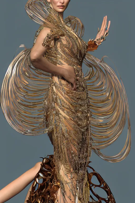 Prompt: a highly detailed painting of a beautiful alien goddess bella hadid in iris van herpen dress schiaparelli in diamonds in style of alphonse mucha art nuvo made in unreal engine 4
