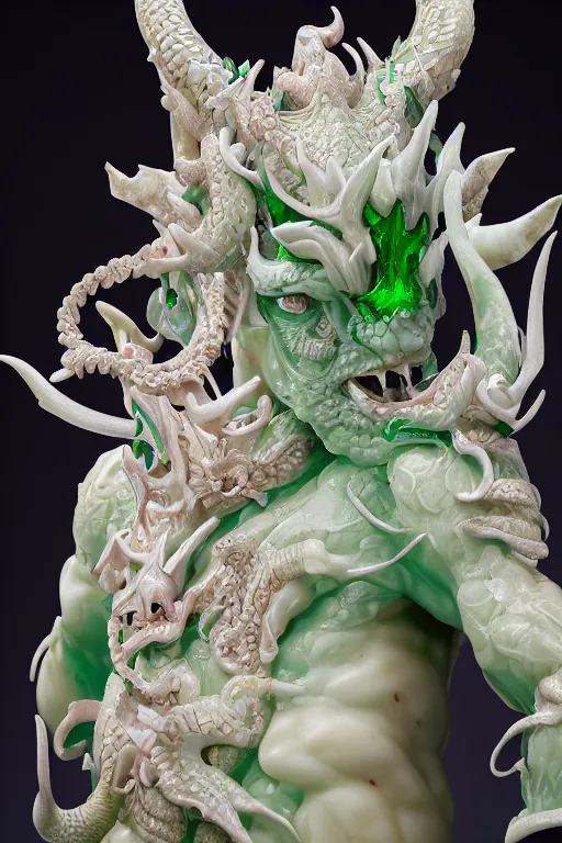 Image similar to a closeup portrait photo, alabaster and jade real delicate ceramic porcelain sculpture of an ornate detailed humanoid dragon demon devil god in front of an intricate background by rafael, micro detail, backlit lighting, subsurface scattering, translucent, thin porcelain, emerald, flames, amber, octane renderer, colorful, physically based rendering, trending on cgsociety