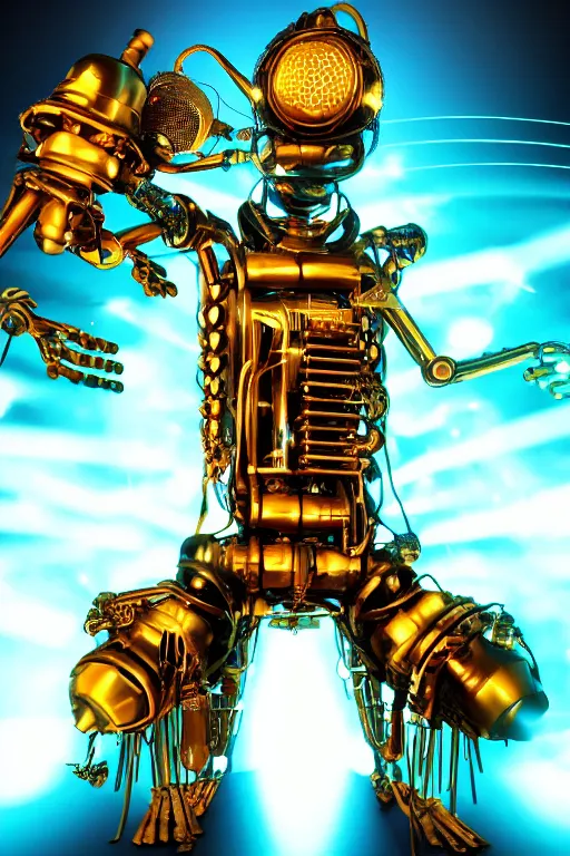 Image similar to portrait photo of a giant huge golden and blue metal humanoid steampunk cyborg female with a human face singing with mouth open and gears and tubes, in the foreground is a big red glowing microphone, eyes are glowing red lightbulbs, shiny crisp finish, 3 d render, 8 k, insaneley detailed, fluorescent colors, background is multicolored lasershow