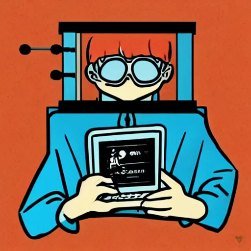 Image similar to illustration of a boy connected to his laptop with wires, highly detailed, by butcher billy