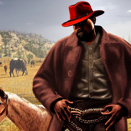 Prompt: kanye west in the red dead redemption loading screen, masterpiece, 8 k, 4 k, art by daren bader