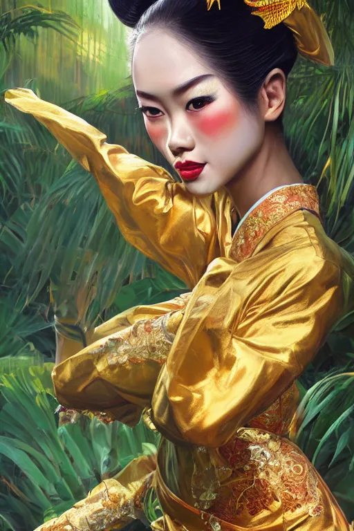 Prompt: stunningly beautiful, indonesian geisha dancer in jungle, symmetrical face, golden hour, smooth, focus, highly detailed, hyper realistic, dramatic lighting, elegant, intricate, concept art, art by wlop, mars ravelo, greg rutowski, artstation