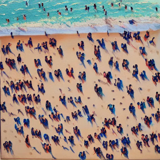 Image similar to a birdseye painting by Sally West of sparse people on a beach from high above, featured on tumblr, action painting, oil on canvas, painterly