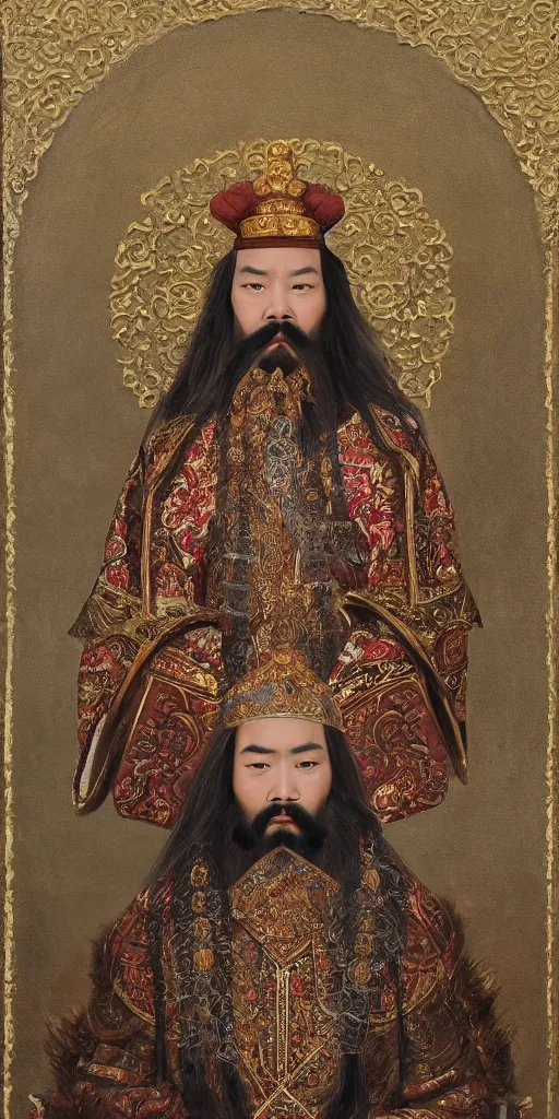 Prompt: a stunning and noble highly detailed romantic period style portrait of Kublai Khan by Josep Tapiró Baró, trending on artstation, oil painting masterpiece, ((symmetry)), ((((fractals))), Chinese & Mongolian iconography