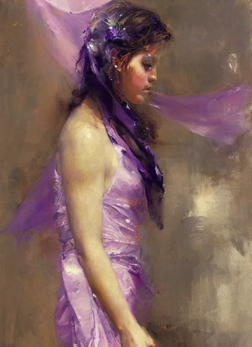 Image similar to painting of Aphrodite wearing a light purple sash over her shoulder, looking askance with a gentle sparkle in her eyes, by Jeremy Mann, detailed, stylized, loose brush strokes, bold colors, warm tones