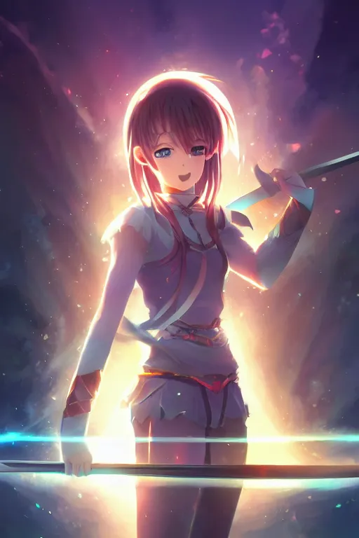 Image similar to Anime key visual of a young lady holding her sword in the air with a beam of light shining on it, intricate, magical island, stunning, digital painting, artstation, illustration, graphic design, soft lighting, sword reflection, art by Viktor Berendeev