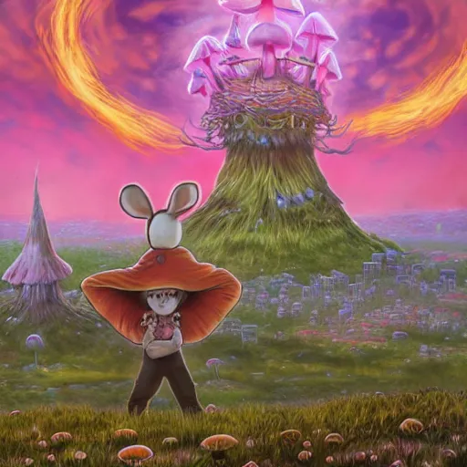 Image similar to 4 k headshot portrait of a psychedelic demonic anthropomorphic bunny rabbit with mushroom themed clothes, magic mushroom village in background by jeff easley, award winning, stylized neon, post - processing, masterpiece, superb resolution. in the art style of junji ito and greg rutkowski. detailed mushroom city in background. hyper realistic anime. perfect art. dalle 2