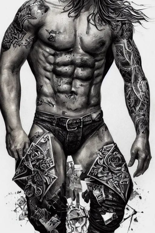 Image similar to Photorealistic Portrait of frontal standing pose torso of a very attractive muscular Jax Teller all his skin covered by dark grim themed tattoos: surrounded by magic lightings overlays, Intricate, concept art, magic lighting overlays, magical portal opened, D&D!, fantasy style, sharp focus!, ultra detailed, art by Artgerm and Peter Andrew Jones, WLUP, Magali Villeneuve