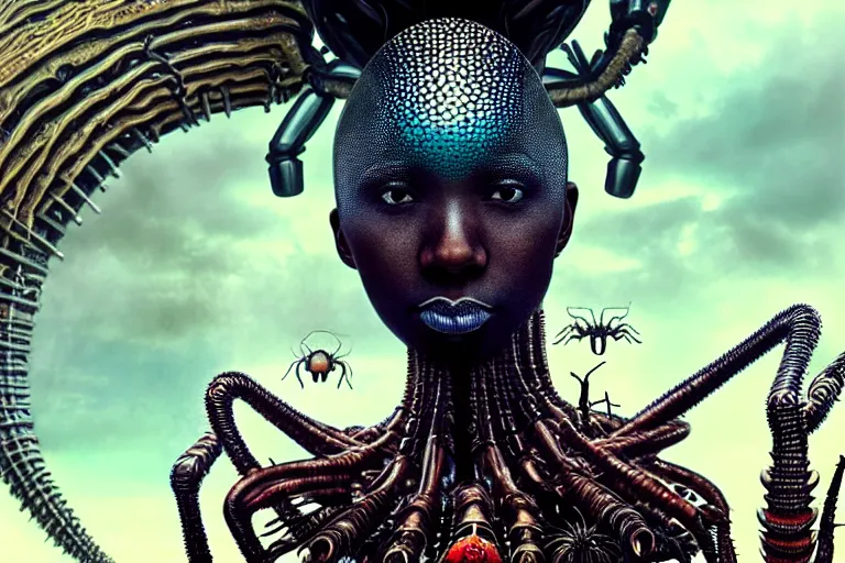 Image similar to realistic detailed closeup portrait movie shot of a beautiful black woman riding a giant spider, dystopian city landscape background by denis villeneuve, amano, yves tanguy, alphonse mucha, max ernst, ernst haeckel, edward robert hughes, roger dean, cyber necklace, rich moody colours, sci fi patterns, wide angle