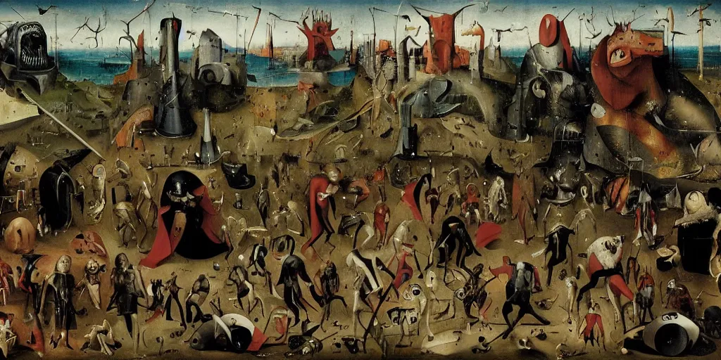 Image similar to Final scene of the Avengers movie by Hieronymus Bosch