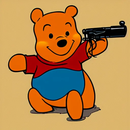 Image similar to animated 2 d styled portrait of whinnie the pooh with a gun
