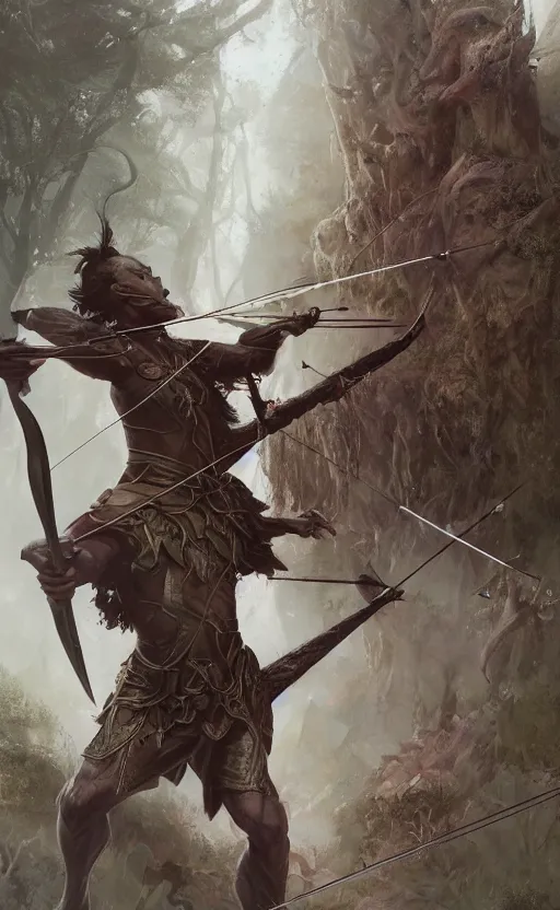 Prompt: portait of elven archer shooting arrow at forest monster, front game card, drark, marvel comics, dark, intricate, highly detailed, smooth, artstation, digital illustration by ruan jia and mandy jurgens and artgerm and wayne barlowe and greg rutkowski and zdislav beksinski