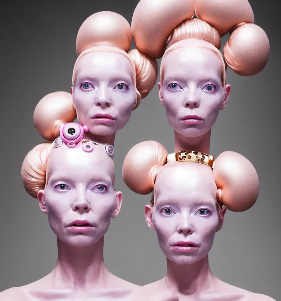 Image similar to portrait of a alien futuristic cyborg wearing a gold pipes fitted beauty mask and pink hair buns, wearing a black bodysuit by alexander mcqueen, cream white background, soft diffused light, biotechnology, humanoid robot, perfectly symmetric, bjork aesthetic, translucent, by rineke dijkstra, intricate details, highly detailed, masterpiece,