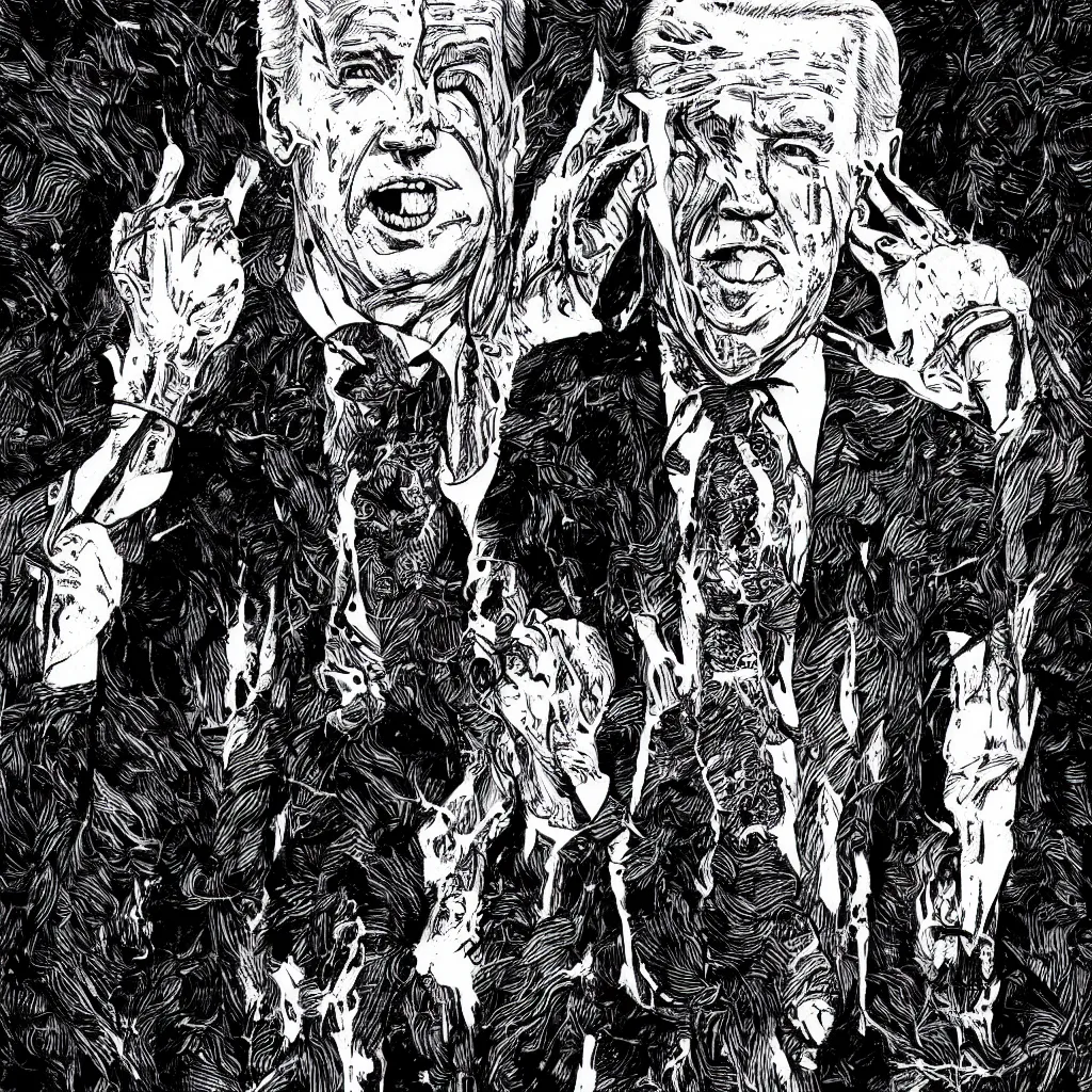 Image similar to Joe Biden full body portrait, body horror, black and white Illustration by Junji Ito