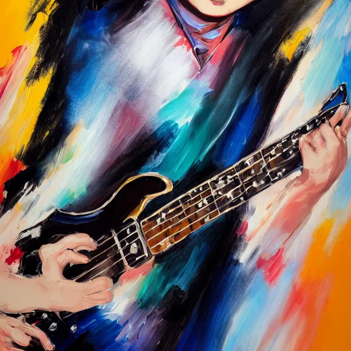 Prompt: large brush painting of a young korean male musician wearing stylish black v neck t shirt holding a telecaster!!! electric guitar!!, candid!! dark background, thick flowing dramatic brush strokes, dark matte colors, abstract, impressionist, motion, trending on artstation