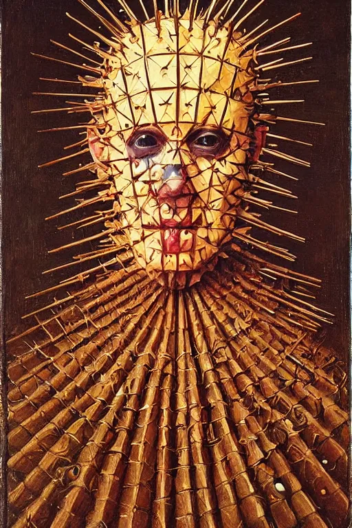 Image similar to portrait of pinhead hellraiser, oil painting by jan van eyck, northern renaissance art, oil on canvas, wet - on - wet technique, realistic, expressive emotions, intricate textures, illusionistic detail