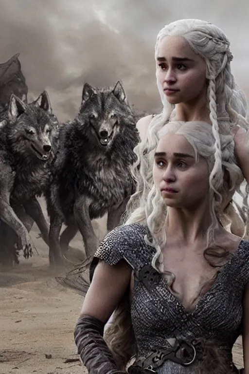 Prompt: khaleesi in an apocalyptic world surrounded by wolves