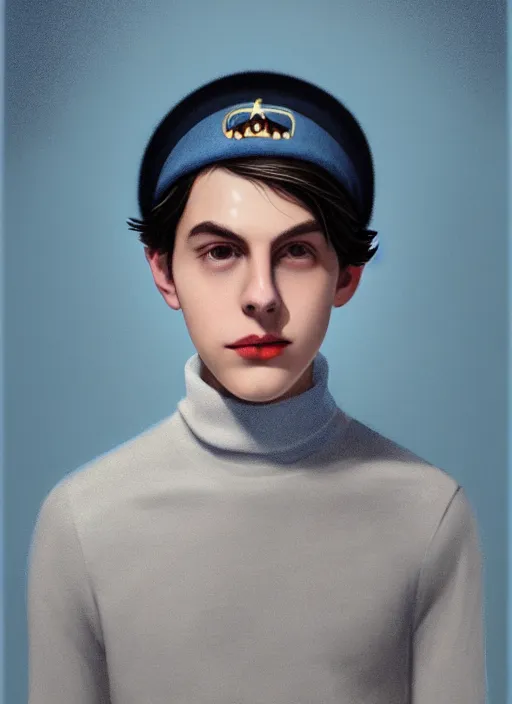 Image similar to portrait of teenage jughead jones wearing a light grey crown, crown, blue turtleneck, 1 9 5 0 s, closed eyes, photorealistic, black hair, glowing lighting, intricate, elegant, glowing lights, highly detailed, digital painting, artstation, concept art, smooth, sharp focus, illustration, art by wlop, mars ravelo and greg rutkowski