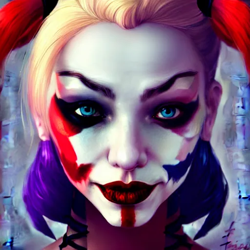 Image similar to facial portrait of a pretty harley quinn, character concept art, headshot, charlie bowater, anna dittmann, wlop, rumiko takahashi, akihiko yoshida, hyung - tae kim, alexander mcqueen, trending on artstation