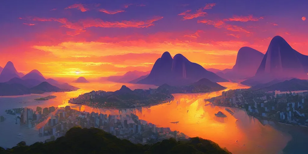 Prompt: iridescent painting of sunset over rio de janiero, panoramic, digital painting, by rhads and moebius