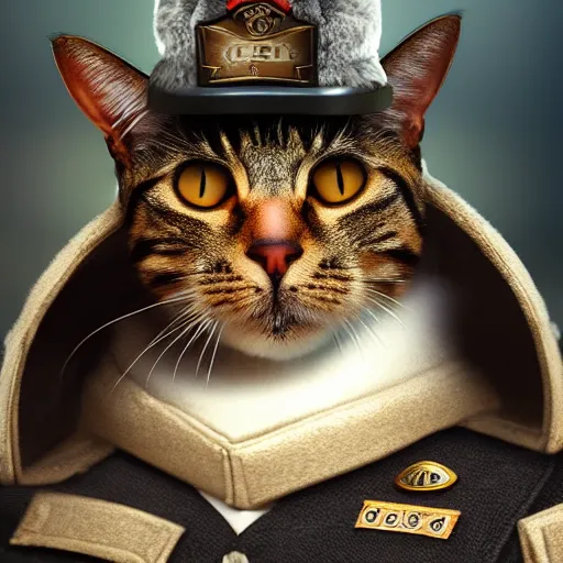 Prompt: a cat wearing a general\'s hat, it has an arrogant look and looks closely at you, epic full shot, cinematic lighting, matte painting, Artstationhd, 8k, , award winning on Artstation, hyper detailed, hyper realistic