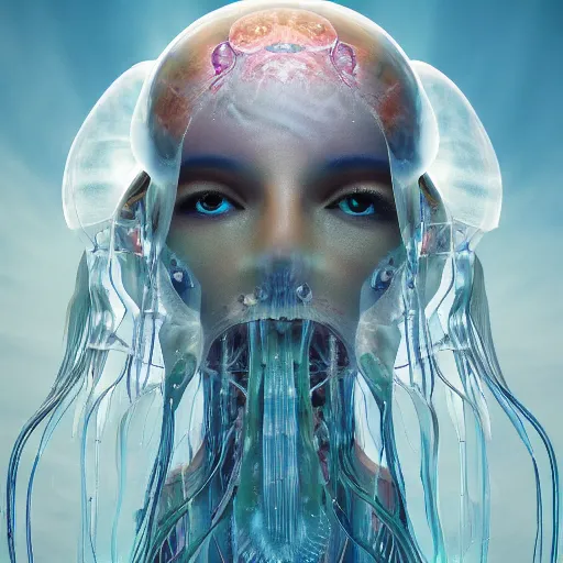 Image similar to Full body photo of the most beautiful goddess, she has a jellyfish octopus head's, by Tooth Wu, trending on Artstation, digital art, symmetrical artwork, cinematic, hyper realism, high detail, octane render, 4k, 8k