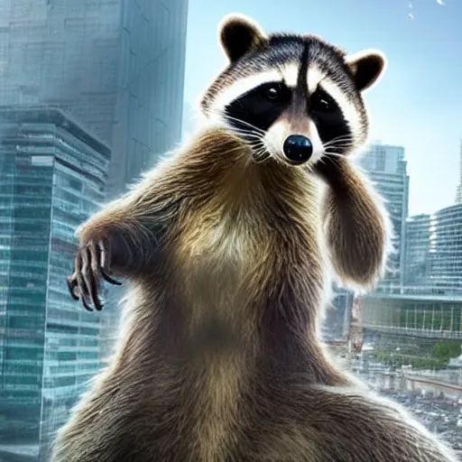 Image similar to giant racoon attacking city