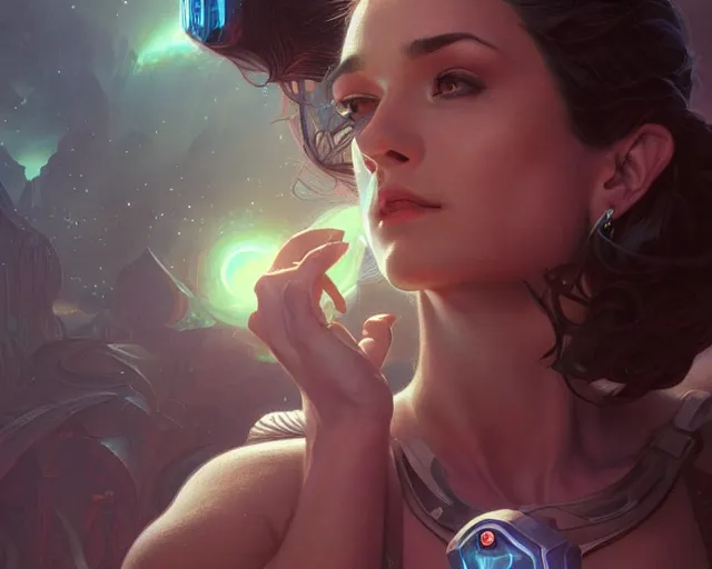 Image similar to scifi woman, deep focus, d & d, fantasy, intricate, elegant, highly detailed, digital painting, artstation, concept art, matte, sharp focus, illustration, hearthstone, photorealism, soft volumetric lights, art by moebius and artgerm and greg rutkowski and alphonse mucha