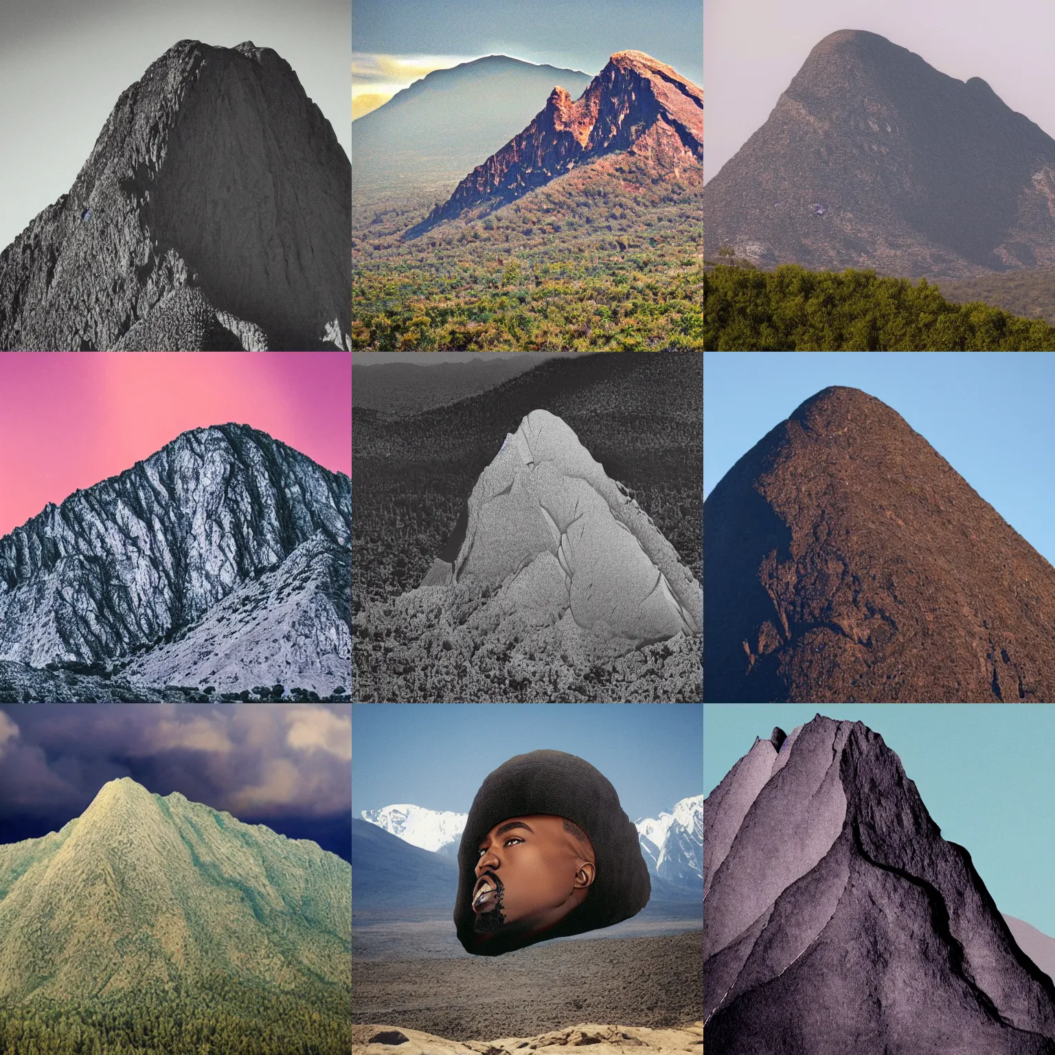 Prompt: Mountain shaped like Kanye West's head, photograph