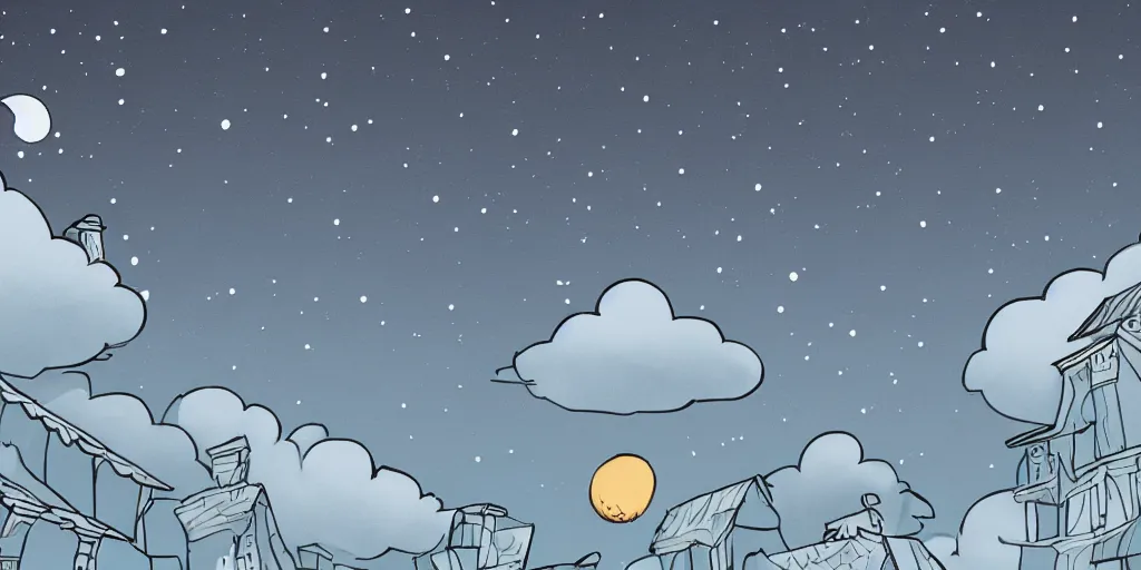Prompt: moonlit night sky cartoon handrawn animation style