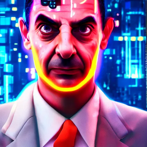 Image similar to mr bean portrait, cyberpunk 2 0 7 7, cyberpunk, photorealistic, ultra detailed, neon, octane, bokeh, cinematic lighting, cyber, cyberpunk city, studio quality, feature, scars, cyberface, 8 k