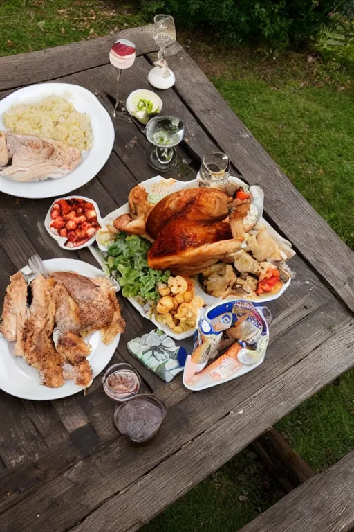 Prompt: Turkey dinner on picnic table