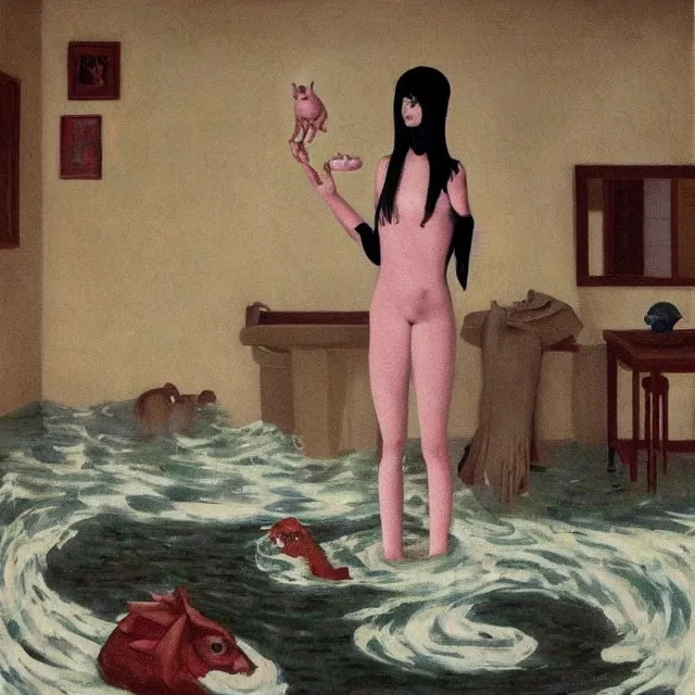 Image similar to tall female emo artist holding a pig in her flooded bathroom, water gushing from ceiling, painting of flood waters inside an artist's bathroom, a river flooding indoors, pomegranates, pigs, ikebana, zen, water, octopus, river, rapids, waterfall, black swans, canoe, berries, acrylic on canvas, surrealist, by magritte and monet