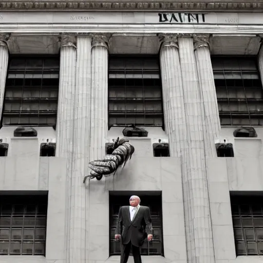 Image similar to warren buffet as a spider standing outside wall street stock exchange, reality, realistic, detailed, 8 k, award winning, wide shot,